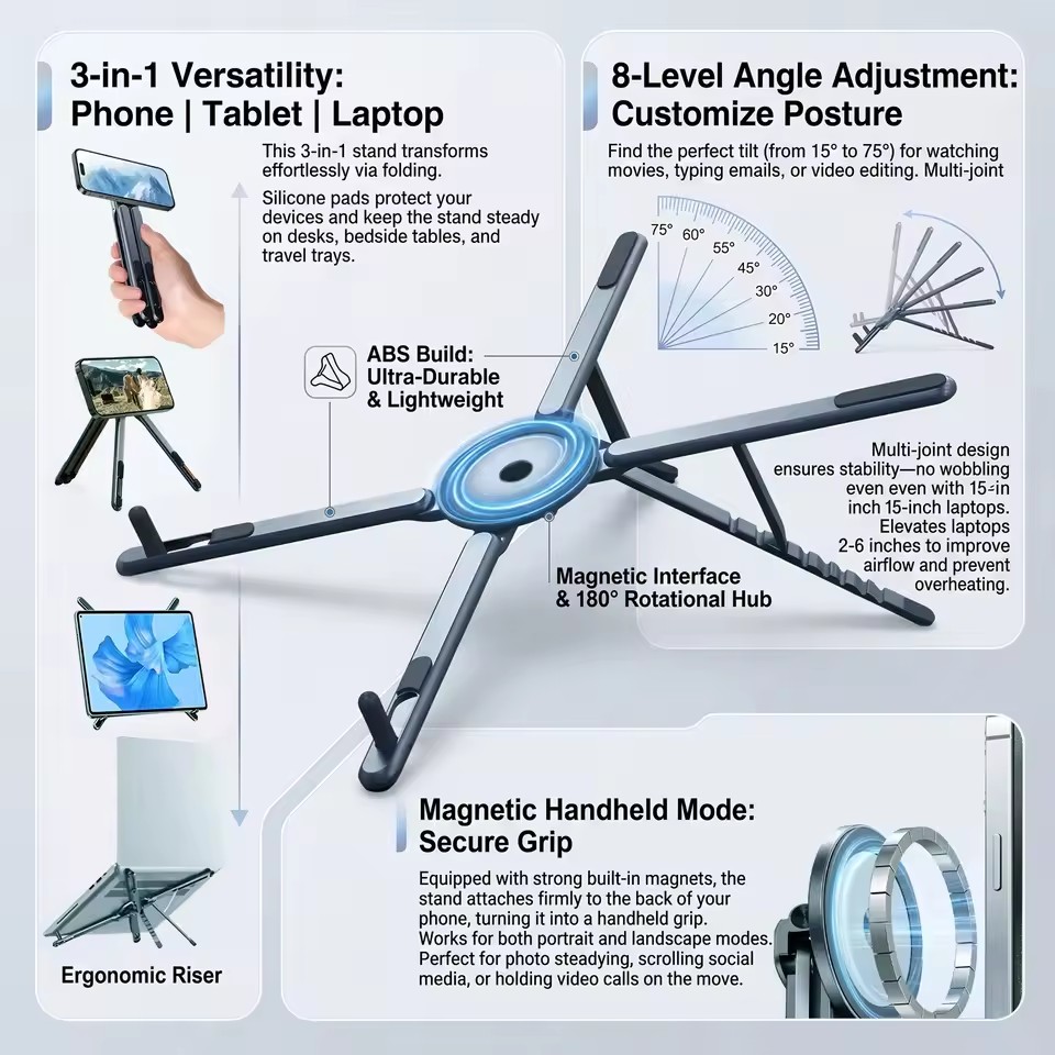 Laptop Accessories Table - Portable Magnetic Phone Holder & Selfie